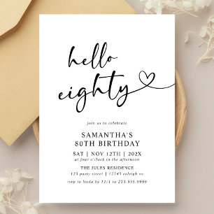 Hello Eighty Black and White 80th Birthday Party Invitation
