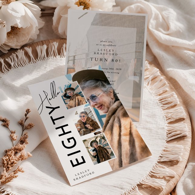 Hello EIGHTY' Modern Photo Collage 80th Birthday Invitation (Creator Uploaded)