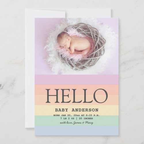 Hello Elegant Pastel Rainbow Cute Baby Photo Birth Announcement