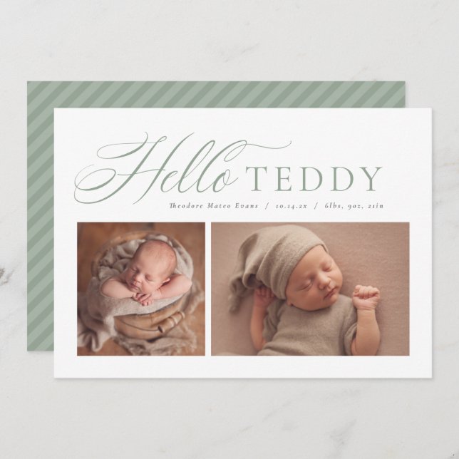Hello elegant script two photo sage green birth announcement (Front/Back)