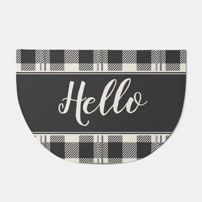 Hello Elegant Script with Buffalo Plaid Doormat (Front)