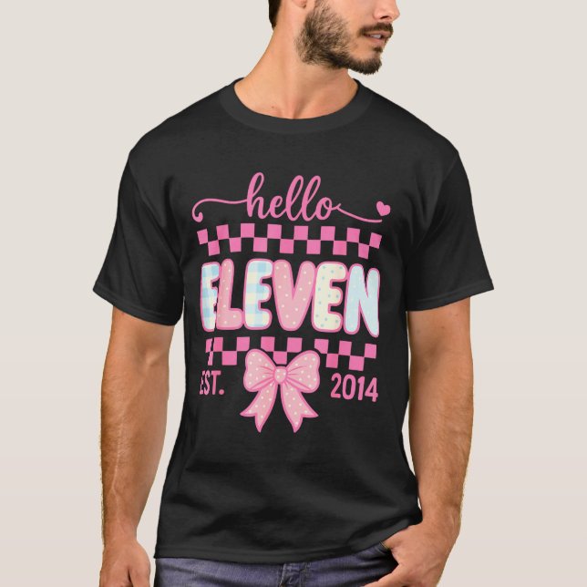 Hello Eleven Est 2014 Coquette Bow Happy 11th Birt T-Shirt (Front)