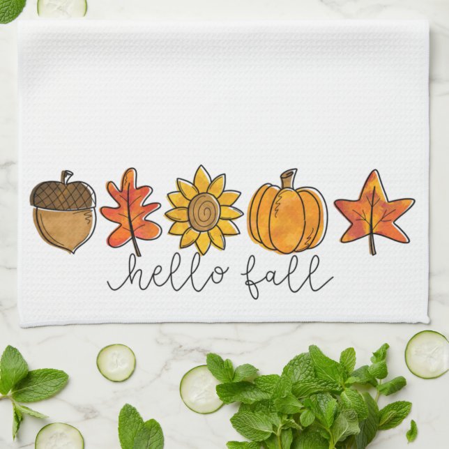 Hello Fall Acorn Sunflower Leaves & Pumpkin Kitchen Towel (Folded)