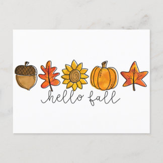 Hello Fall Acorn Sunflower Leaves & Pumpkin Postcard