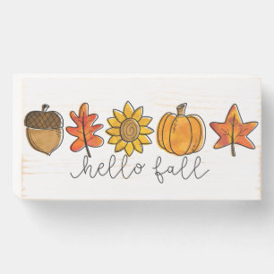 Hello Fall Acorn Sunflower Leaves & Pumpkin Wooden Box Sign