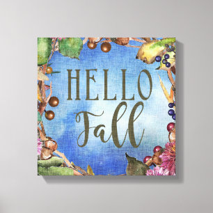 Hello Fall Acorns, Leaves Wreath Canvas Print