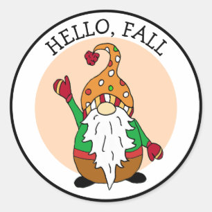 Hello, Fall, Autumn Gnome Classic Round Sticker