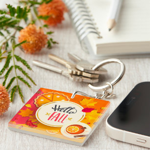 Hello Fall Autumn Leaves and Pumpkin Pie  Keychain
