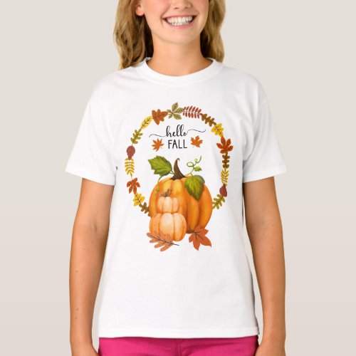 Hello Fall Autumn Leaves and Pumpkins Girls T_Shirt