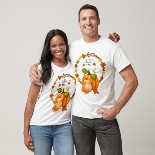 Hello Fall Autumn Leaves and Pumpkins Unisex T_Shirt