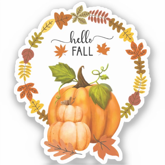 Hello Fall Autumn Leaves and Pumpkins Vinyl Sticker (Front)