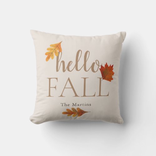 Hello Fall Autumn Leaves Beige Throw Pillow
