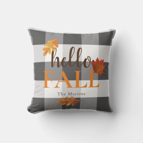 Hello Fall Autumn Leaves Black Throw Pillow