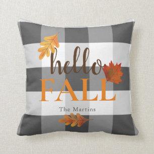 Hello Fall Autumn Leaves Black Throw Pillow