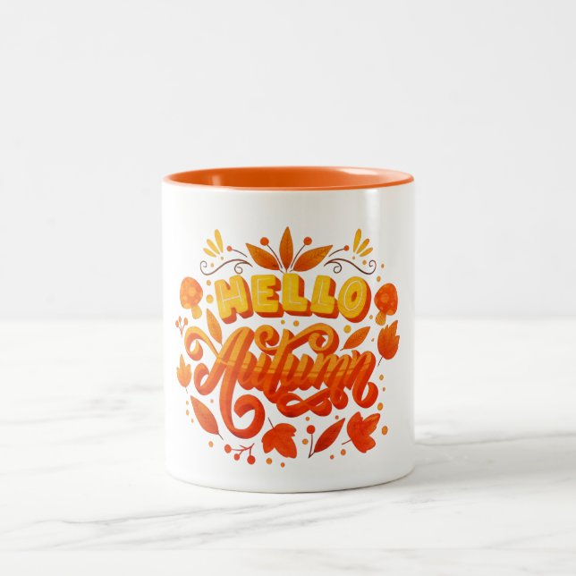 Hello Fall Autumn Leaves Coffee Mug | Cozy Two-Ton (Center)