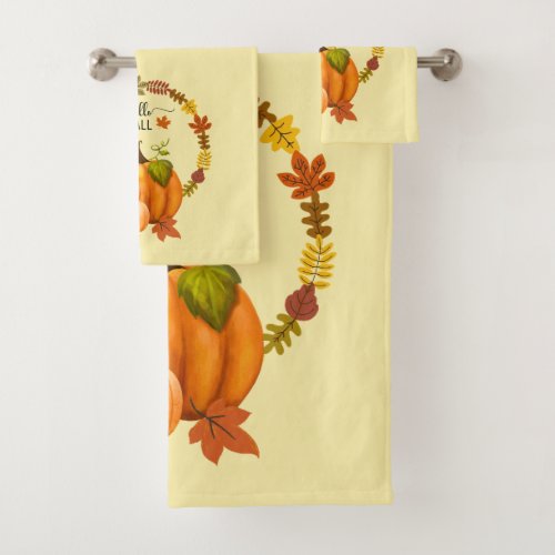 Hello Fall Autumn Leaves Pumpkins Bath Towel Set