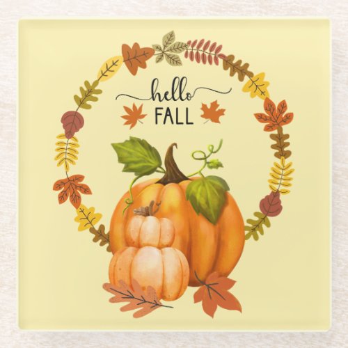 Hello Fall Autumn Leaves Pumpkins  Glass Coaster