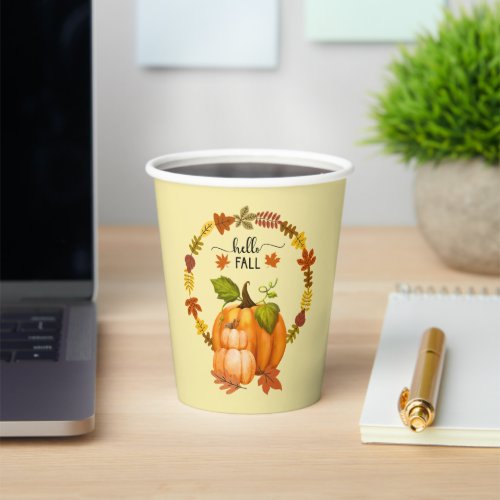 Hello Fall Autumn Leaves Pumpkins Paper Cups