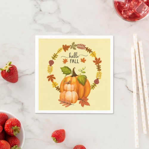 Hello Fall Autumn Leaves Pumpkins Paper Napkins