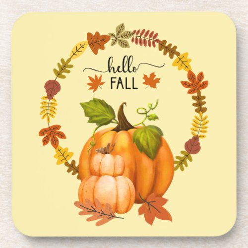 Hello Fall Autumn Leaves Pumpkins Set 6 Beverage Coaster