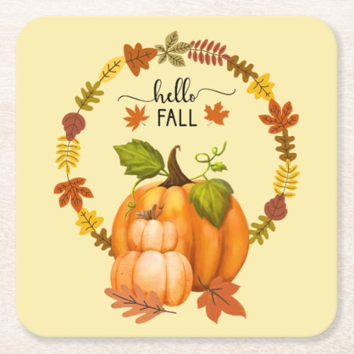 Hello Fall Autumn Leaves Pumpkins Square Paper Coaster