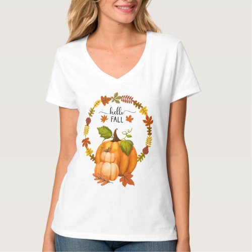 Hello Fall Autumn Leaves Pumpkins Womens V_Neck  T_Shirt