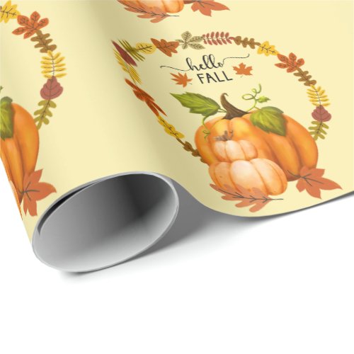 Hello Fall Autumn Leaves Pumpkins Wrapping Paper