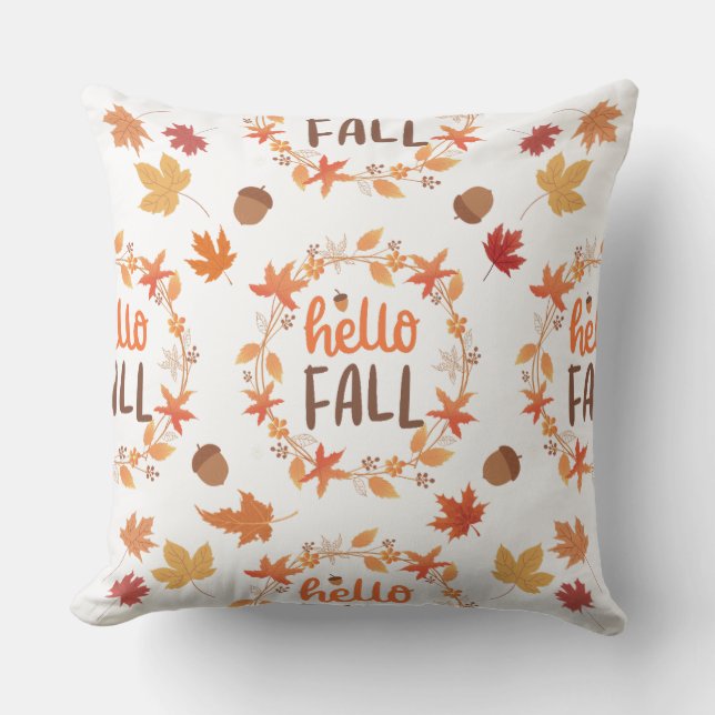 Hello Fall Autumn Leaves Seamless Pattern Outdoor Pillow (Front)