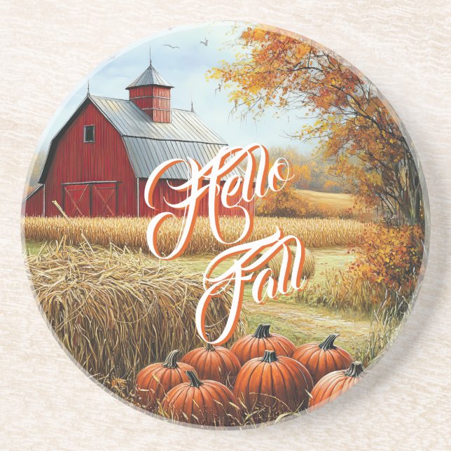 Hello Fall Autumn Thanksgiving Rural Barn Pumpkins Coaster (Front)