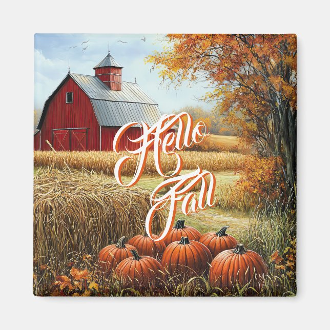 Hello Fall Autumn Thanksgiving Rural Barn Pumpkins Magnet (Front)