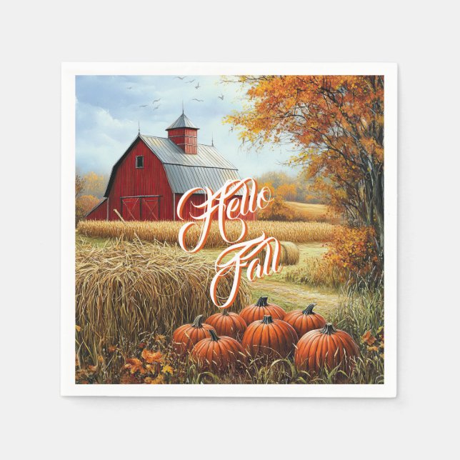 Hello Fall Autumn Thanksgiving Rural Barn Pumpkins Napkins (Front)