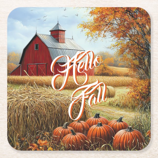 Hello Fall Autumn Thanksgiving Rural Barn Pumpkins Square Paper Coaster (Front)