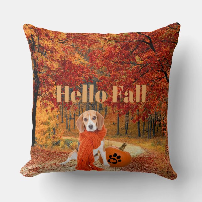 Hello Fall Beagle Dog with Scarf and Pumpkin Throw Pillow (Front)