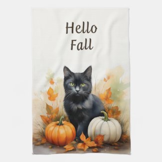 Hello Fall Black Cat Harvest Kitchen Towel