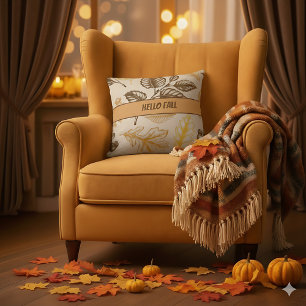 Hello Fall Brown Orange Leaves - Farmhouse Autumn Throw Pillow