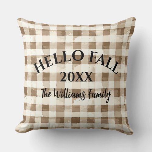 Hello Fall Brown Plaid Farmhouse Throw Pillow