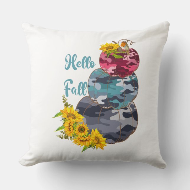 Hello Fall – Camouflage Pumpkins & Sunflowers Throw Pillow (Front)
