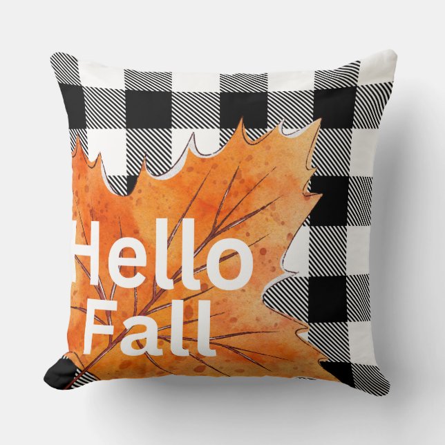 Hello Fall Checkered Square Throw Pillow (Front)