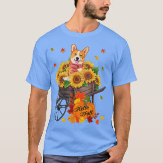 Hello Fall Corgi Dog In Sunflowers Leaves Autumn T-Shirt