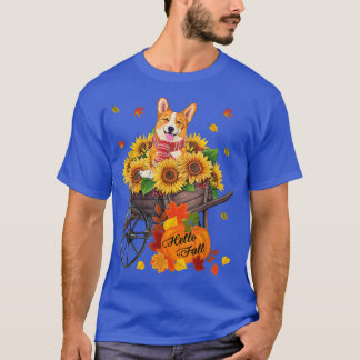 Hello Fall Corgi Dog In Sunflowers Leaves Autumn T-Shirt
