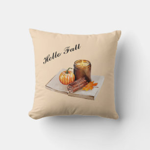 Hello Fall Cozy Candle Pumpkin Autumn Throw Pillow