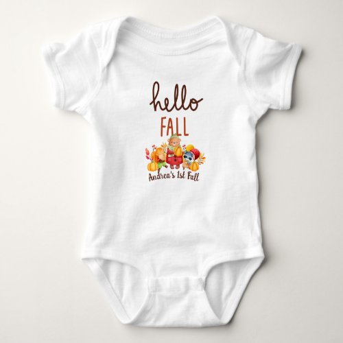 Hello Fall cute baby animals and autumn leaves  Baby Bodysuit