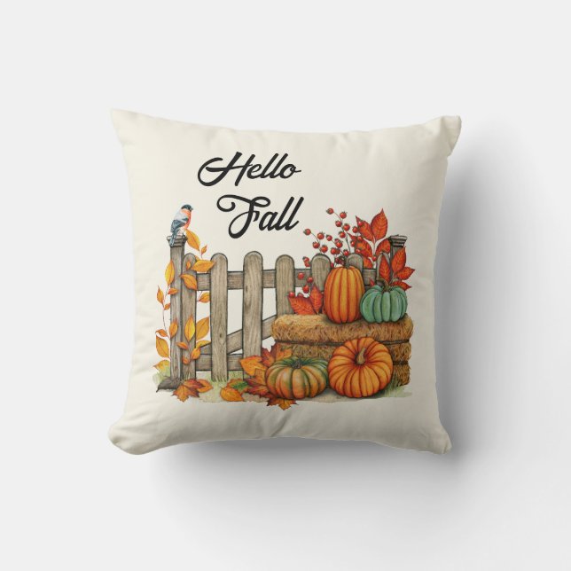 Hello Fall Cute Farmhouse Autumn Accent  Throw Pillow (Front)