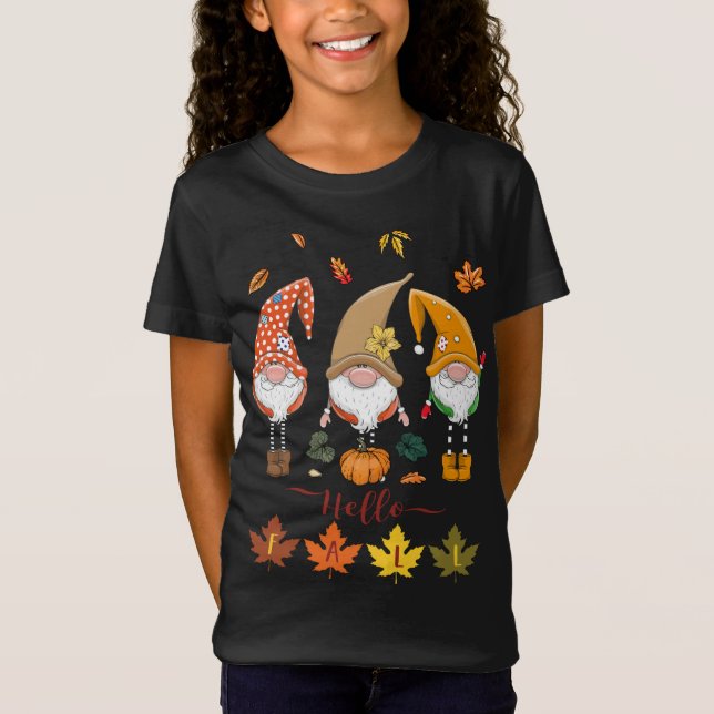 Hello Fall Cute Gnomes Pumpkins Leaves Happy Thank T-Shirt (Front)