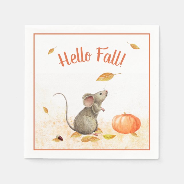 Hello Fall Cute Mouse Thanksgiving Napkins (Front)