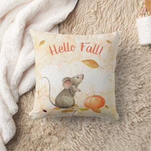 Hello Fall Cute Mouse Throw Pillow