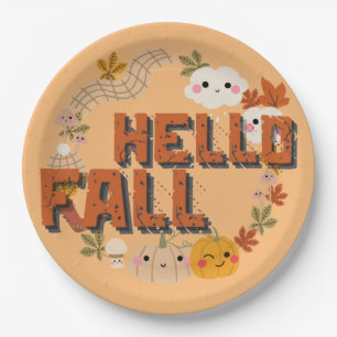 Hello Fall Cute Nature Autumn leaves Pumpkins Paper Plates