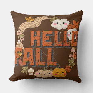 Hello Fall Cute Nature Autumn leaves Pumpkins Throw Pillow