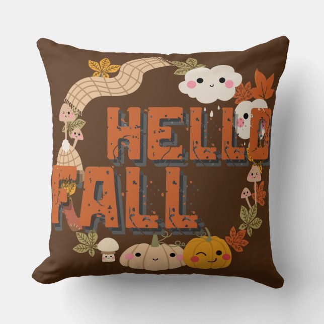 Hello Fall Cute Nature Autumn leaves Pumpkins Throw Pillow (Front)