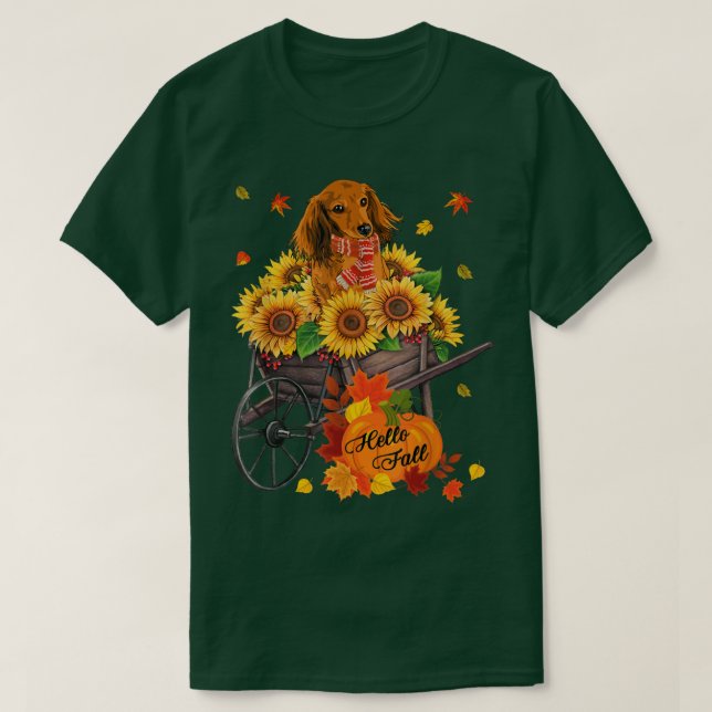 Hello Fall Dachshund Dog In Sunflowers Leaves Autu T-Shirt (Design Front)